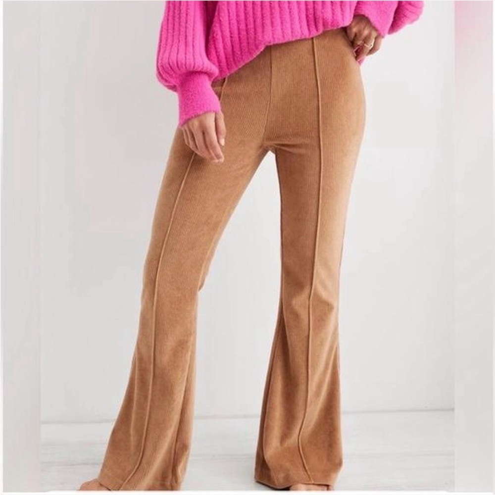 Aerie Groove On Rib Velour Flare Pant Tan Light Brown  High Waist Size M